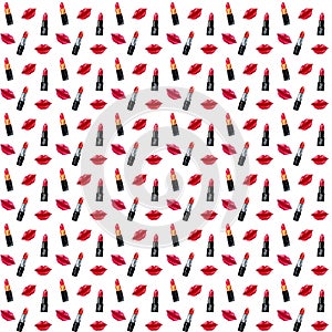 Watercolor seamless pattern with make-up elements, lipstick and lips