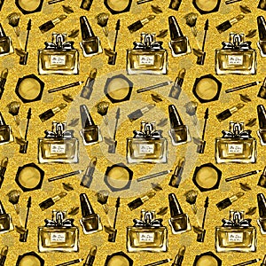 Watercolor seamless pattern with make-up elements and parfume