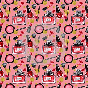 Watercolor seamless pattern with make-up elements and parfume
