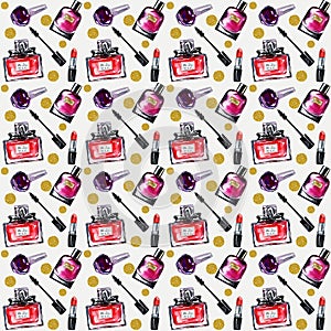 Watercolor seamless pattern with make-up elements and parfume