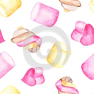 Watercolor seamless pattern of marshmallows.