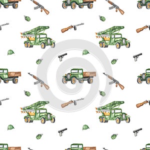 Watercolor seamless pattern with military trucks, Katyusha, machine guns, pistol, grenade, military transport for prints and