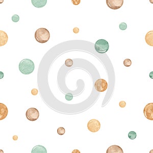 Watercolor seamless pattern with mint circles, hand painted green and beige dots for children`s textilespsd