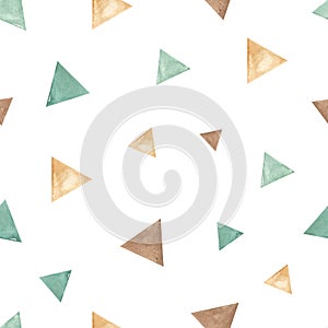Watercolor seamless pattern with mint flags, hand painted green and beige triangles for children`s textiles, prints