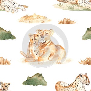 Watercolor seamless pattern mom and baby lions and leopards in the African savannah with dry grass on a white background