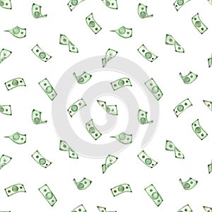 Watercolor seamless pattern with money, dollars, green bills for prints and textures on a white background