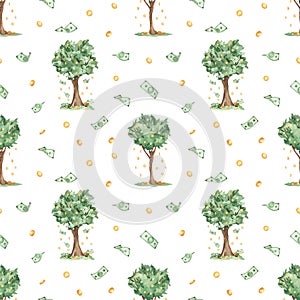 Watercolor seamless pattern with money tree, money, gold coins, dollars, falling money for prints and textures on a white