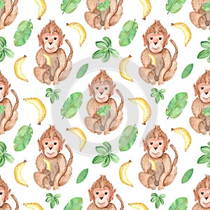 Watercolor seamless pattern with monkey and bananas.