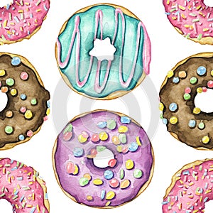 Watercolor seamless pattern with multicolor donuts