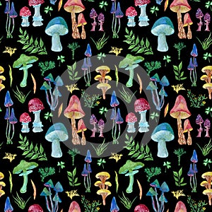 Watercolor seamless pattern with multicolored mushrooms, flowers, ferns and berries
