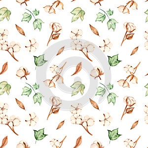 Watercolor seamless pattern with multidirectional branches, buds, flowers and cotton leaves on a white background