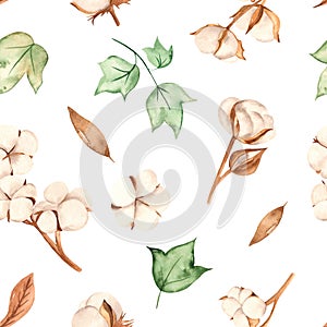 Watercolor seamless pattern with multidirectional branches, buds, flowers and cotton leaves on a white background