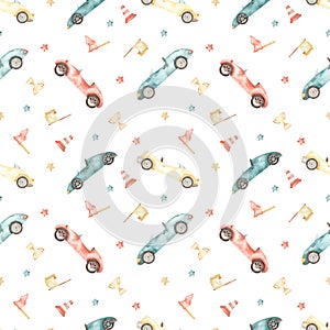 Watercolor seamless pattern with multidirectional colored racing cars, trophy, flags, stars on a white background