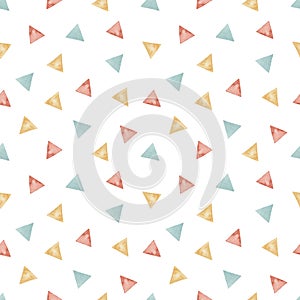 Watercolor seamless pattern with multidirectional colored triangles on a white background