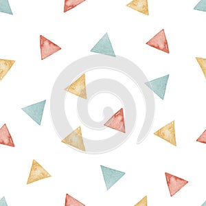 Watercolor seamless pattern with multidirectional colored triangles on a white background