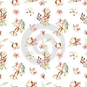 Watercolor seamless pattern with multidirectional cotton branches, leaves and cherry flowers on a white background