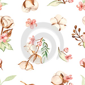 Watercolor seamless pattern with multidirectional cotton branches, leaves and cherry flowers on a white background