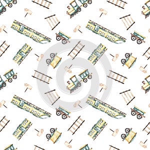 Watercolor seamless pattern multidirectional with cute cartoon electro trains, trains, railroad rails, traffic light pointers on