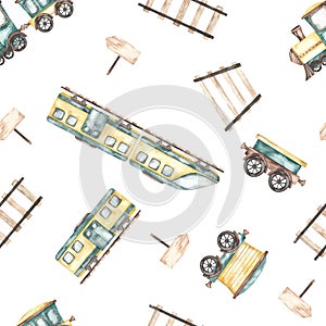 Watercolor seamless pattern multidirectional with cute cartoon electro trains, trains, railroad rails, traffic light pointers on