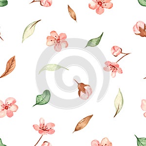 Watercolor seamless pattern with multidirectional leaves and cherry flowers on a white background