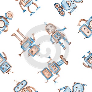 Watercolor seamless pattern with multidirectional robots