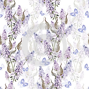 Watercolor seamless pattern with muscari flowers and butterfly