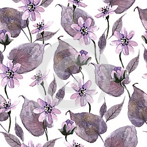 Watercolor seamless pattern with mystical flowers and forest leaves.