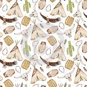 Watercolor seamless pattern with Native American elements like teepee, eagle