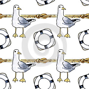 watercolor seamless pattern with old vintage knot, lifeline and seabird, hand drawn sketch of textured rope, striped