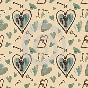 Watercolor seamless pattern, old wood texture blue heart, rusty keys, metal hearts, Valentines Day decor, light brown background