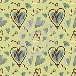 Watercolor seamless pattern, old wood texture heart, blue heart, rusty keys, beige background