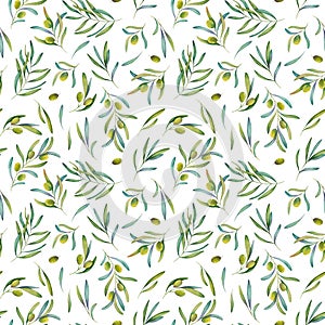 Watercolor seamless pattern of olive branch with green leaves, white background