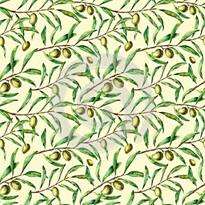 Watercolor seamless pattern with olive branches. Hand painted floral ornament with olive berry and tree branches with