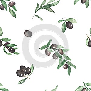 Watercolor seamless pattern with olive branches, olive berries, leaves for textures 2