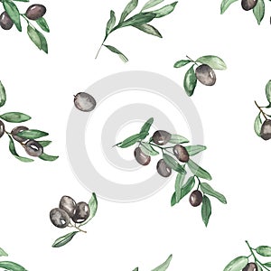 Watercolor seamless pattern with olive branches, olive berries, leaves for textures