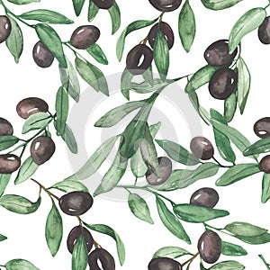 Watercolor seamless pattern with olive branches, olives, leaves, fruit tree for prints, textures, wedding