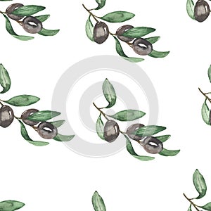 Watercolor seamless pattern with olive tree branch, olive fruits in black color