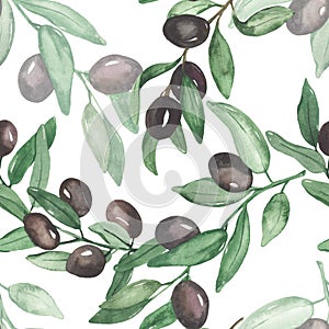 Watercolor seamless pattern with olives, twigs, fruit tree for prints, textures, wedding