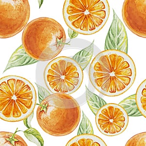 Watercolor seamless pattern of orange fruit with leafs