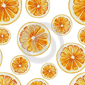 Watercolor seamless pattern of orange fruit slices.