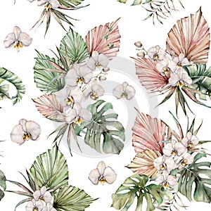 Watercolor seamless pattern with orchid, monstera and palm leaves. Hand painted tropical flowers and branches isolated