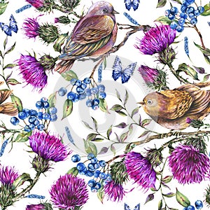 Watercolor seamless pattern with pair of birds, thistle, berries