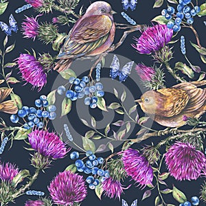 Watercolor seamless pattern with pair of birds, thistle, berries