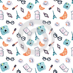 Watercolor seamless pattern Paris, white background