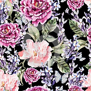 Watercolor seamless pattern with peony flowers and lavender.