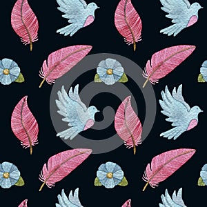 Watercolor seamless pattern with pigeons, feathers, flowers and birds