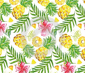 Watercolor seamless pattern of pineapple, hibiscus and palm leaf on white background.