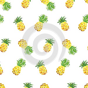 Watercolor seamless pattern of pineapple on white background.