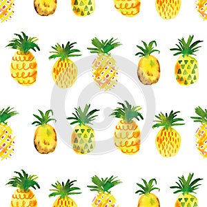 Watercolor seamless pattern of pineapple on white background.