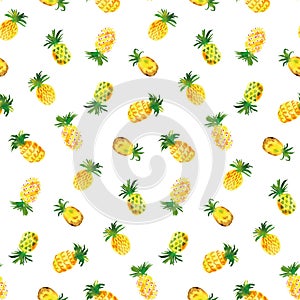 Watercolor seamless pattern of pineapple on white background.